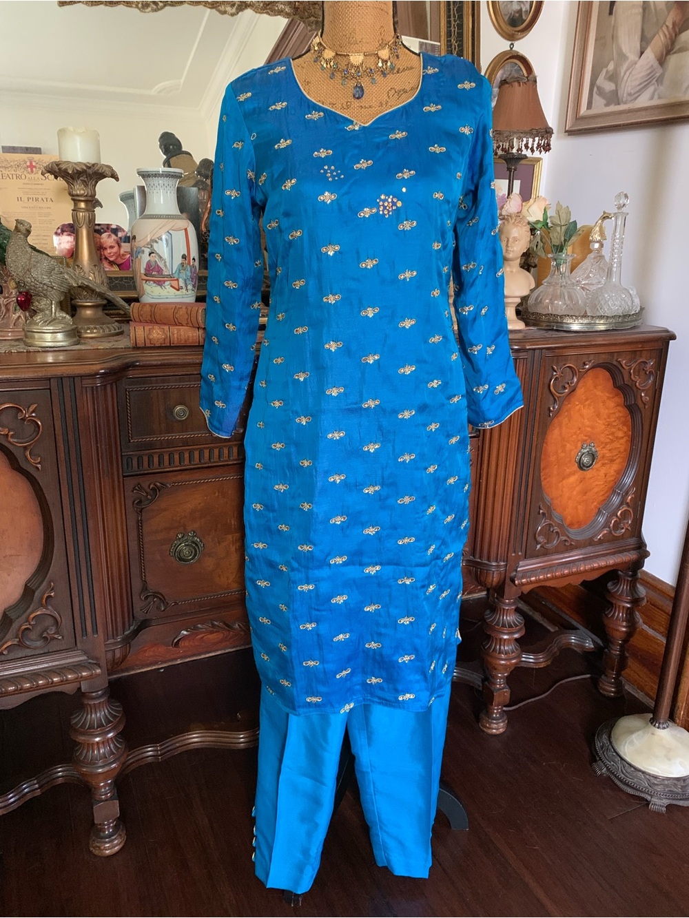 Vintage Indian Pakistani Turqouise Silky Gold Sequinned Kurti Tunic Pants Set